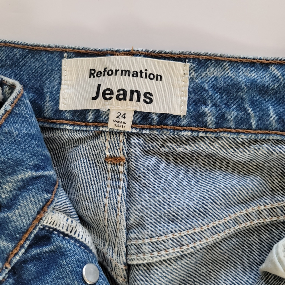 Reformation Cynthia Mushroom Embroidered High Rise Straight Medium Wash Jeans 24 - Picture 10 of 11